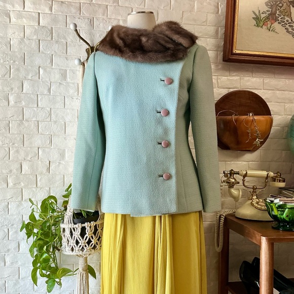 Vintage Jackets & Blazers - Vintage 1960 Blue Fur Collar Mod Side Button Jacket